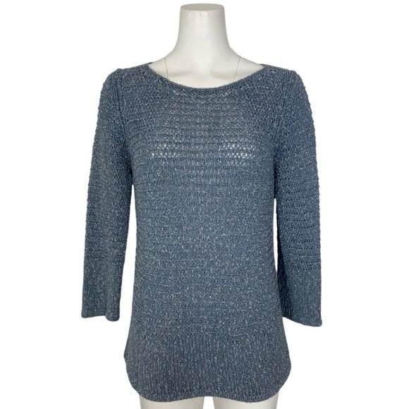 Lafayette 148 New York Sweaters - Lafayette 148 NY Crochet Sweater M Blue 3/4 Sleeves Pullover Boat Neck Coastal
